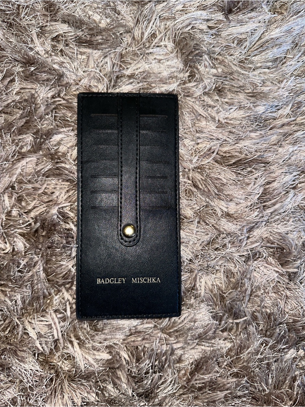 Women’s Badgley Mischka Black Leather Snap Card 7 Slot Sleeve with Gold Logo